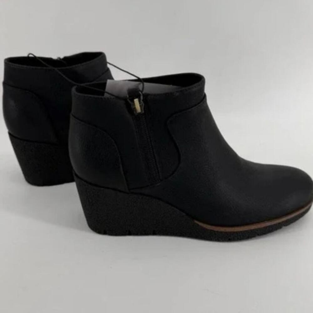 Dr Scholls Womens Black Wedge Ankle Bootie Faux Leather boots Side Zip bianc